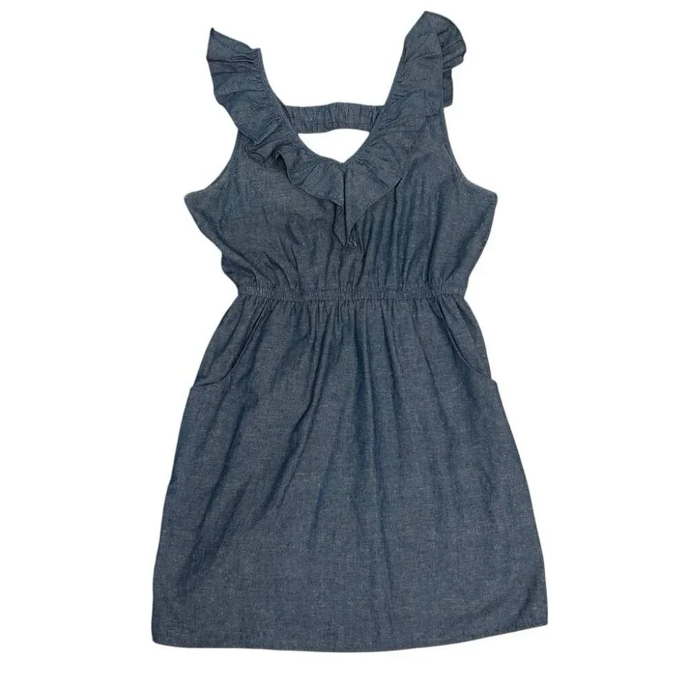 Alythea Linen Blend Chambray Ruffle Sundress Blue Large - Picture 2 of 11